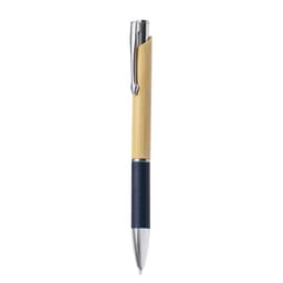 A wooden pen featuring a bamboo barrel and a navy blue textured grip, with a silver clip and tip.