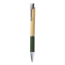 A wooden pen with a bamboo body, green rubber grip, and silver clip. It features a logo on the pen body.