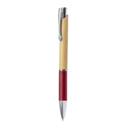 A wooden pen with a bamboo shaft and a red textured grip, featuring a silver clip and accents.