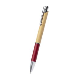 A wooden pen with a bamboo shaft and a red leather grip, featuring silver accents and a logo.