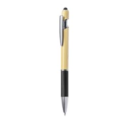 A bamboo ballpoint pen with a black grip and silver accents. It features a stylus tip and a branding logo.