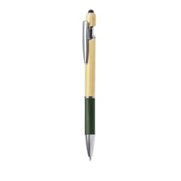 A green and natural bamboo ballpoint pen with a stylus tip, featuring a silver clip and accents.