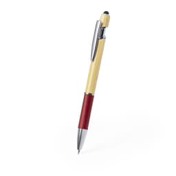 A ballpoint pen with a bamboo body, red grip, and chrome accents. It features a stylus tip and a logo.