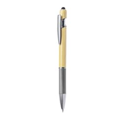 A ballpoint pen with a bamboo barrel and silver accents, featuring a stylus tip and a clip.