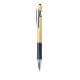 A ballpoint pen with a wooden body, navy blue grip, and chrome accents. It features a logo on the barrel.