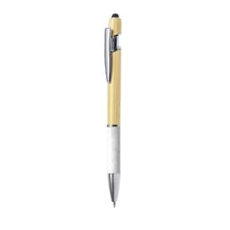 A Filipo ballpoint pen featuring a bamboo upper section and a silver lower section, with a stylus tip and logo.