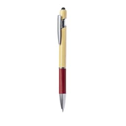 A Filipo ballpoint pen with a bamboo body, red grip, and silver accents. It features a logo on the barrel.