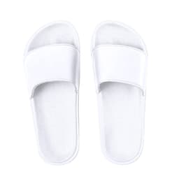 A pair of white thongs with a simple design, featuring a smooth strap and textured footbed.