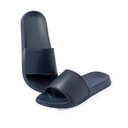 A pair of navy thongs with a smooth leather-like strap and a cushioned sole, featuring a branding logo.