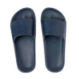 Navy blue thongs with a smooth upper strap and textured sole. The footwear features a logo on the side.