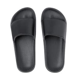 Black thong-style sandals with a smooth upper and textured footbed. They feature a simple design and have a logo.