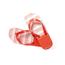 A pair of red and white striped thongs with textured soles and matching straps. The product features a logo.