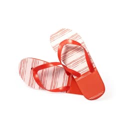 A pair of red thongs with a striped pattern and a textured sole, featuring a logo on the upper strap.