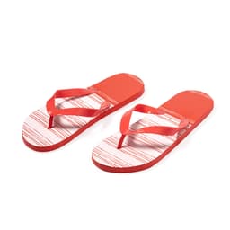 Red thongs with a striped design, featuring a flat sole and dual straps. The product includes a logo.