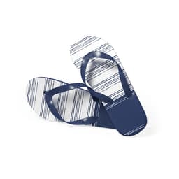 Navy blue and white striped thongs with a textured footbed, featuring matching straps and a logo.