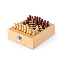 A wooden chess set featuring light and dark chess pieces on a square board, housed in a bamboo box.