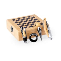 A wooden chessboard box containing a corkscrew, wine stopper, pour spout, and wine collar, featuring a natural finish.