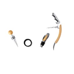 A wine accessory set featuring a corkscrew, aerator, stopper, and pour spout with silver and wooden accents.