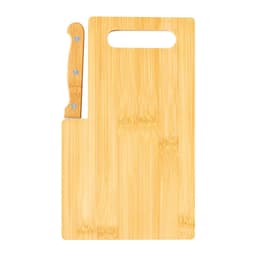A bamboo chopping board with a knife attached, featuring a handle for easy grip and a natural finish.