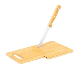 A bamboo chopping board featuring a serrated knife embedded in it. The board has a handle and a groove design.