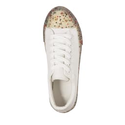 A white sneaker with a speckled transparent sole, featuring a classic lace-up design and rounded toe.