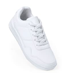 A white sneaker with laces, featuring smooth panels and a logo on the side.