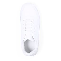 A white sneaker featuring a lace-up design and a smooth upper, with a logo on the side.