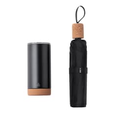 A drink bottle in black with a cork base, alongside a compact black umbrella. Both items feature branding.
