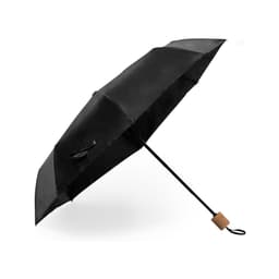 A black umbrella with a cork handle, featuring a sleek design and a sturdy structure.