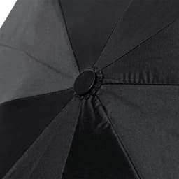 A black umbrella with a central button and textured fabric, featuring a simple design and no visible branding.