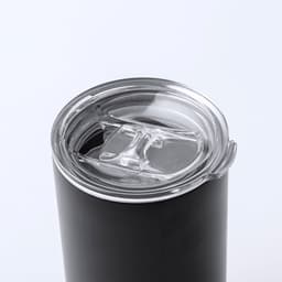 A drink bottle in matte black with a clear plastic lid featuring a sliding opening and a branding logo.