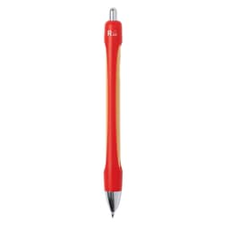 A red and yellow wooden pen with a silver tip and a logo on the upper section.