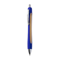 A blue pen with a wooden accent and chrome detailing. The pen features a branding logo.