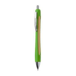 A wooden pen with a bright green plastic body and chrome accents, featuring a logo on the barrel.