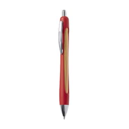 A wooden pen with a red plastic grip and chrome accents, featuring a logo on its side.