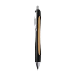 A wooden pen with a sleek black body and a chrome clip, featuring a bamboo centre section and a logo.