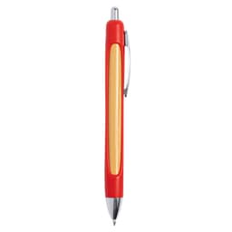 A red and wooden pen with silver accents and a clip, featuring a logo on the side.