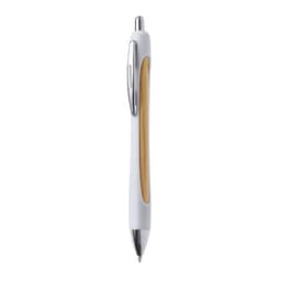 A wooden pen with a white barrel and chrome accents, featuring a textured wooden grip and a logo.