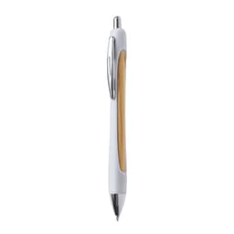 A wooden pen featuring a white plastic body and a bamboo accent, with a chrome clip and nib.