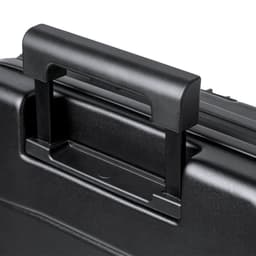 A black wheeled bag featuring a sturdy handle for easy transport and a textured surface. It includes branding.