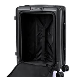 A black wheeled bag with a spacious interior, featuring straps for securing contents and a zipper closure.