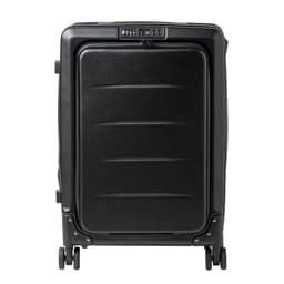 A black wheeled bag featuring a hard-shell exterior and a locking mechanism. It has a logo on the front.