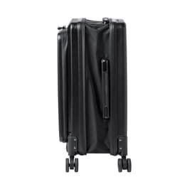 A black wheeled bag with a smooth exterior, a handle, and four wheels for easy manoeuvring.