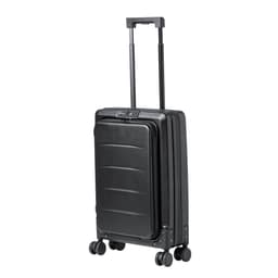 A sleek black wheeled bag with a retractable handle and four wheels for easy mobility. It features a logo.