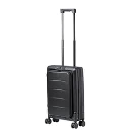 A wheeled black bag with a retractable handle and four wheels for easy mobility. It features a logo on the front.