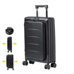 A black wheeled bag with a retractable handle and four wheels, featuring a secure closure and a logo.