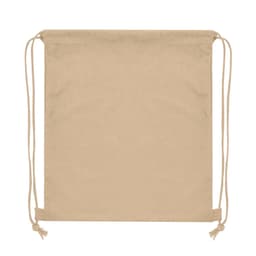 A beige drawstring bag with matching cords and a logo. Suitable for casual use and lightweight storage.