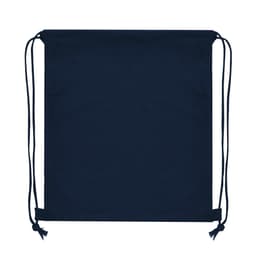 A navy blue drawstring bag featuring sturdy drawstrings and a simple design, with a logo at the bottom.