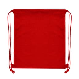 A red drawstring bag with matching colour cords and a logo on the front.