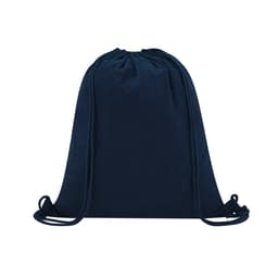 A navy drawstring bag with a textured surface and dual cords for closure. It features a logo.